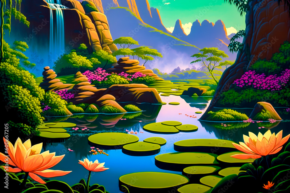Aufkleber painting of waterfall with lily pads in the foreground and mountains in the background. generative a
