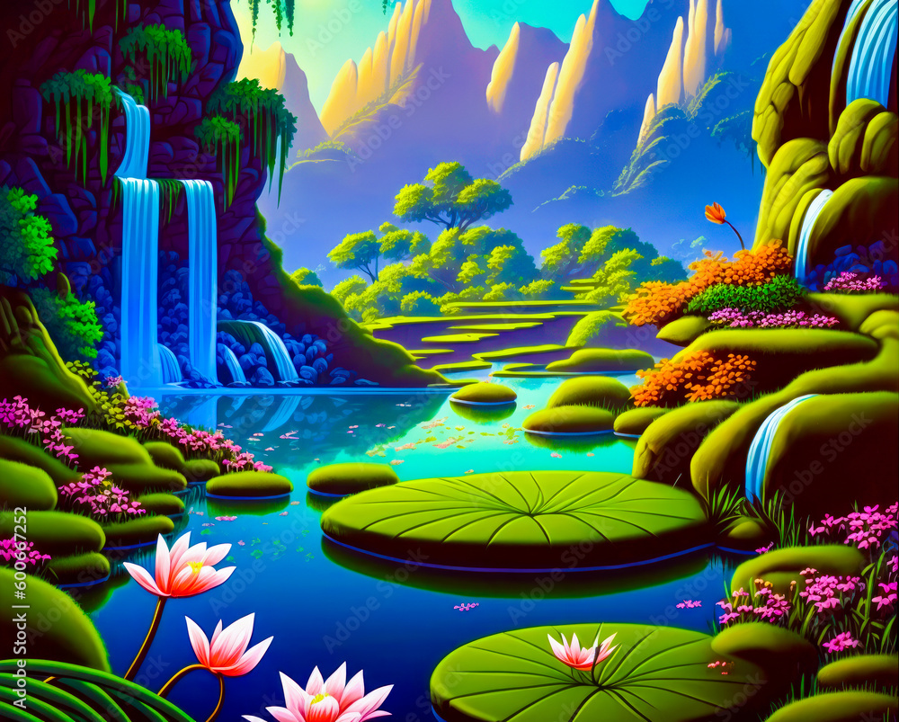 Poster painting of waterfall and lily pads in river with mountains in the background. generative ai.