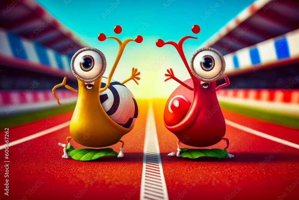 Poster couple of cartoon characters standing on top of race track in front of stadium. generative ai.