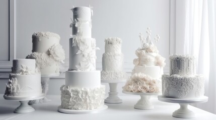  a bunch of different types of wedding cakes on a table.  generative ai
