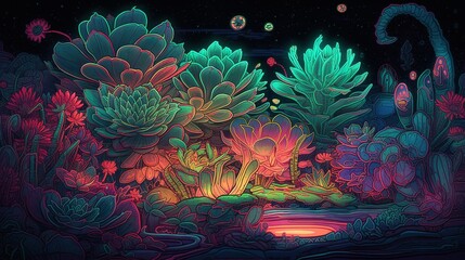 Obraz na płótnie Canvas a painting of a night scene with a lot of plants. generative ai