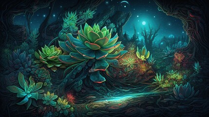  a painting of a forest with plants and a stream of water.  generative ai