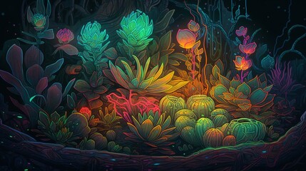  a painting of a garden of plants and flowers in the night.  generative ai