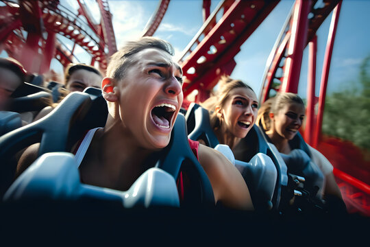 Emotions guy man screaming with fright and joy ride people on trolleys in roller coaster turns. Generative AI.