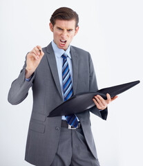 Portrait, HR and angry man with documents pointing in studio for compliance, complaint or discipline on white background. Face, boss and businessman with paperwork for accountability in the workplace