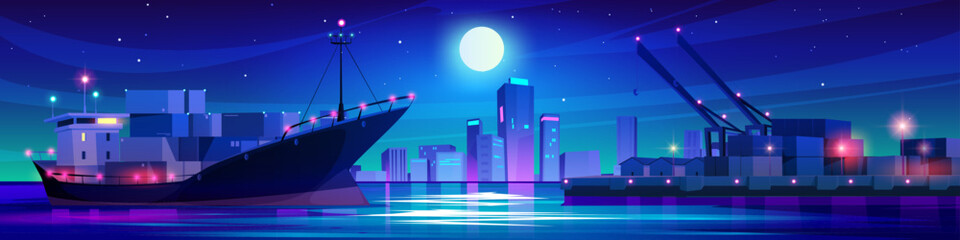 Night port with cargo container and ship vector illustration. Seaport logistic and marine transport and crane light under stars in sky. Freight shipment ocean terminal and warehouse cartoon background