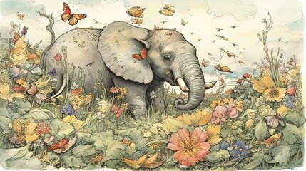  a painting of an elephant in a field of flowers and butterflies.  generative ai