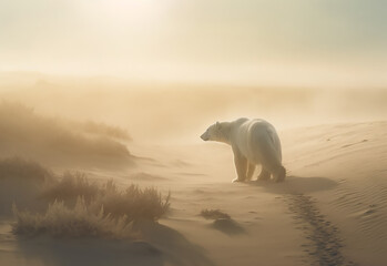 A White polar bear walks through a dry sandy desert. Warming temperatures gradually melt glaciers with Global climate warming. Protect the environment. Generative AI