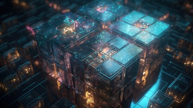  an abstract image of a building with many windows and lights.  generative ai