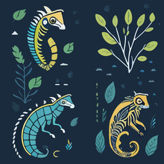 Hand drawn vector abstract graphic cartoon illustrations cards set template with beauty cute minimalistic style wildlife Chameleon print set. Wild life Chameleon animal concept design art