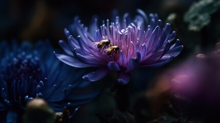 Naklejka na ściany i meble a purple flower with a bee sitting on top of it. generative ai