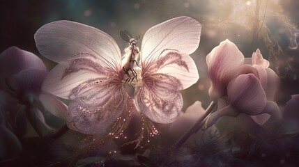  a pink butterfly sitting on top of a flower next to purple flowers.  generative ai