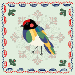 folklore bird in red, blue, yellow, green, pink, black, milky colors with red and blue leaves on a background with a folklore pattern