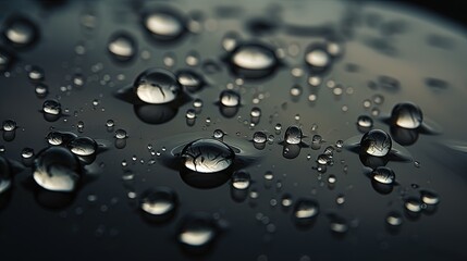  a close up of water droplets on a black surface with a black background.  generative ai