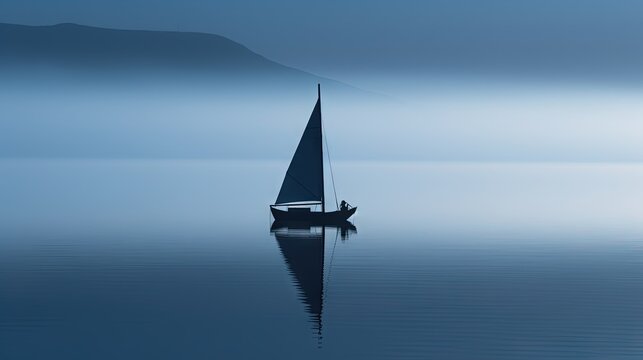  a lone sailboat in the middle of the ocean on a foggy day.  generative ai