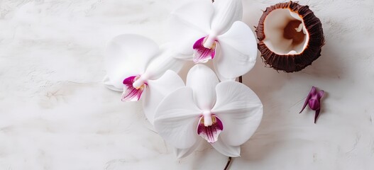 Obraz na płótnie Canvas close up flat lay orchid flowers banner background, Generative Ai