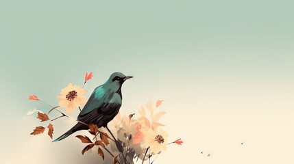  a bird sitting on a branch with flowers in the background.  generative ai