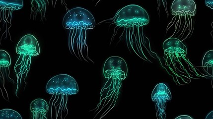  a group of jellyfish swimming in the ocean at night.  generative ai