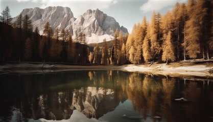 Mountains and trees reflected in a lake. Generative AI.