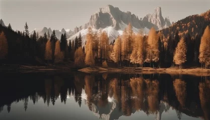 Zelfklevend Fotobehang Mistig bos Mountains and trees reflected in a lake. Generative AI.