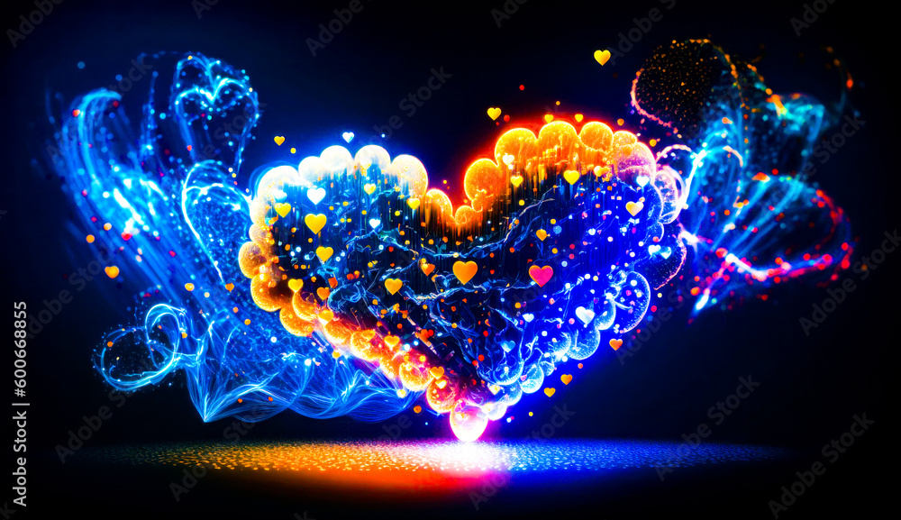 Poster heart made out of neon lights on dark background with hearts in the middle. generative ai.