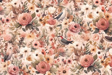  a floral pattern with birds and flowers on a pink background.  generative ai
