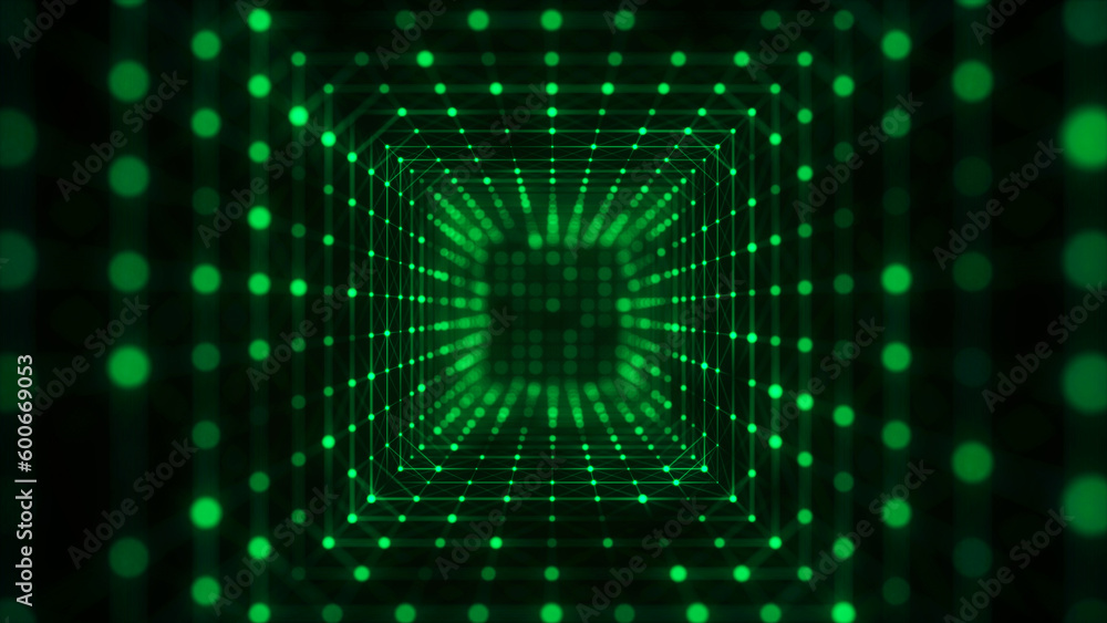 Poster Abstract particle flow in cyberspace. Futuristic 3D portal. Digital technology web flow. Big data visualization. 3d rendering.