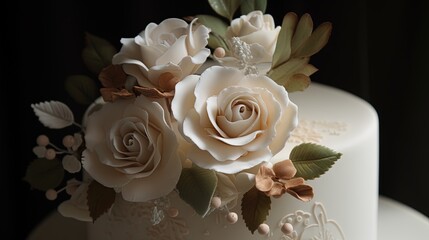  a close up of a white cake with flowers on it.  generative ai