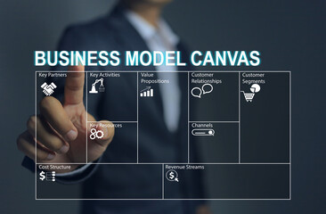 Business people plan and study the market with business model canvas or BMC tools before investing...