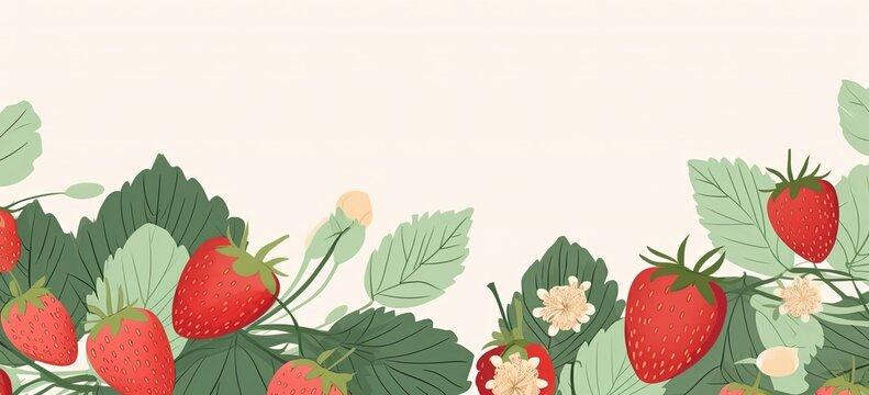 illustration of red ripe strawberry fruits branch banner background, Generative Ai