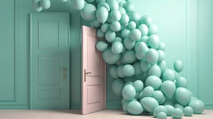  a room with a door and a bunch of balloons on the floor.  generative ai