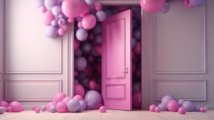  a pink door surrounded by balloons and a bunch of pink and purple balloons.  generative ai