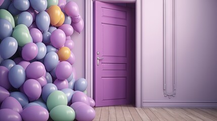  a room with a purple door and a bunch of balloons.  generative ai