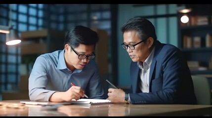 2 Asian mature businessmen discussion performance review business plan in office, Generative AI