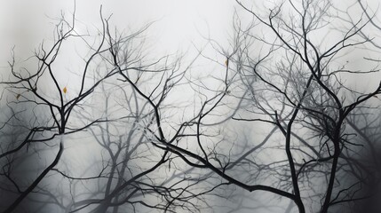  a group of bare trees with no leaves on them in the fog.  generative ai