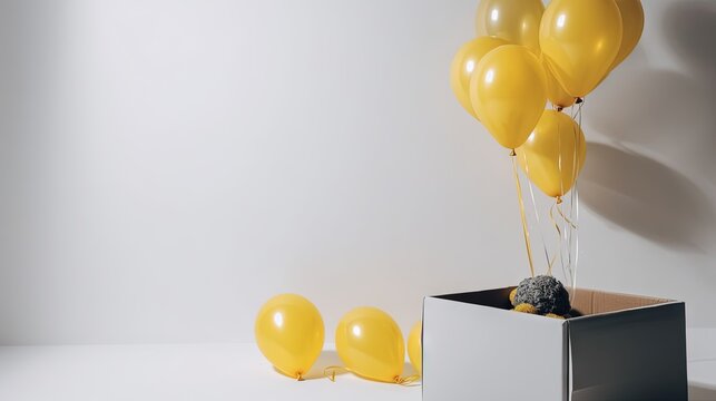  A Bunch Of Yellow Balloons Are In A Box With A Black Rock.  Generative Ai