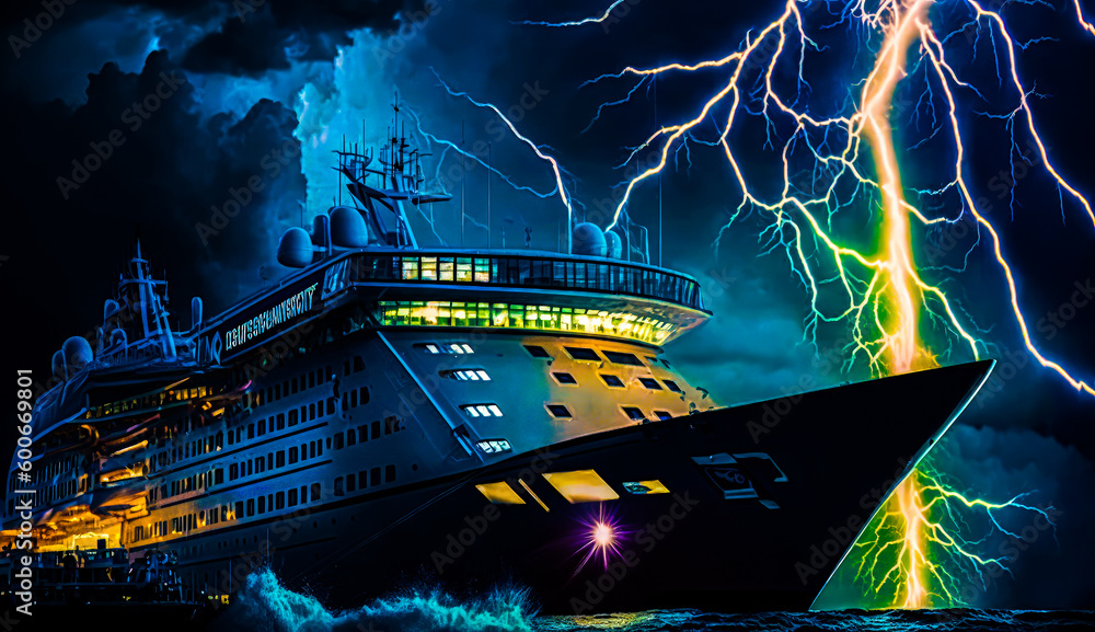 Poster cruise ship in the ocean with lot of lightning in the sky. generative ai.