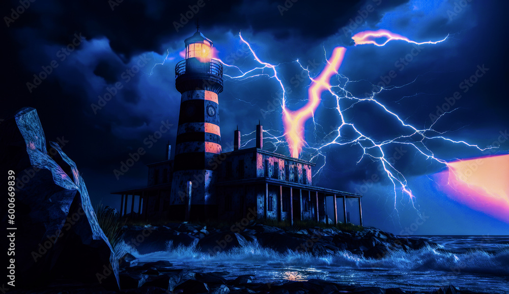 Aufkleber lighthouse in the middle of storm with lightning in the sky above it. generative ai.