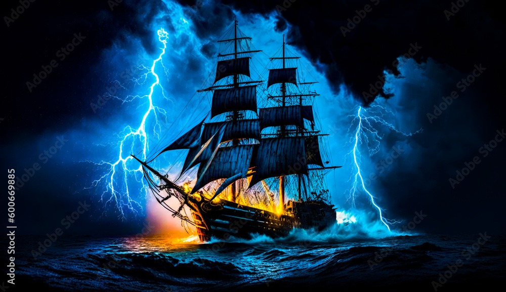Poster ship in the ocean with lot of lightnings in the background. generative ai.