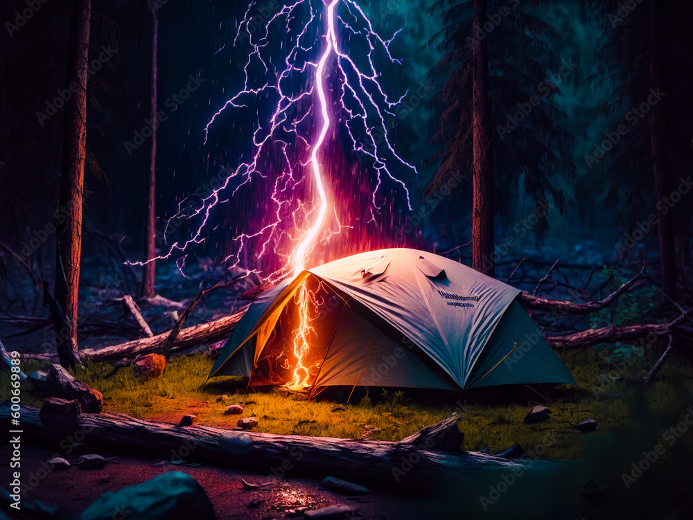 Aufkleber tent is set up in the woods with lightning bolt in the background. generative ai.
