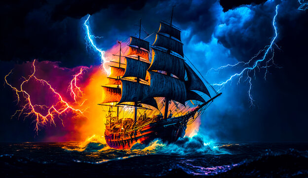 Painting of pirate ship in storm with lightning in the background. Generative AI.