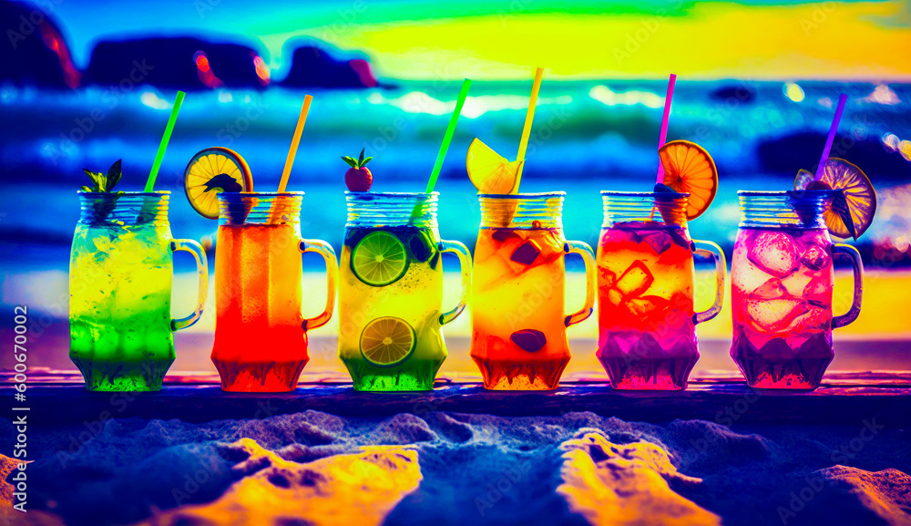 Poster row of colorful drinks sitting on top of beach next to the ocean. generative ai.