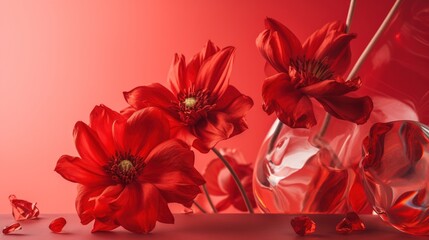  red flowers in a glass vase on a red background with petals.  generative ai