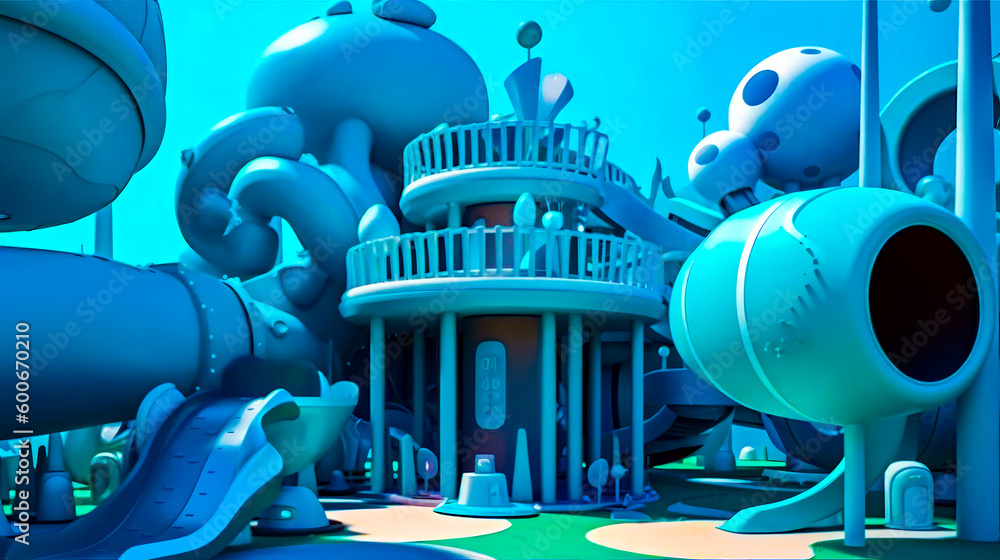 Aufkleber large blue building with lots of windows and giant blue object in front of it. generative ai.