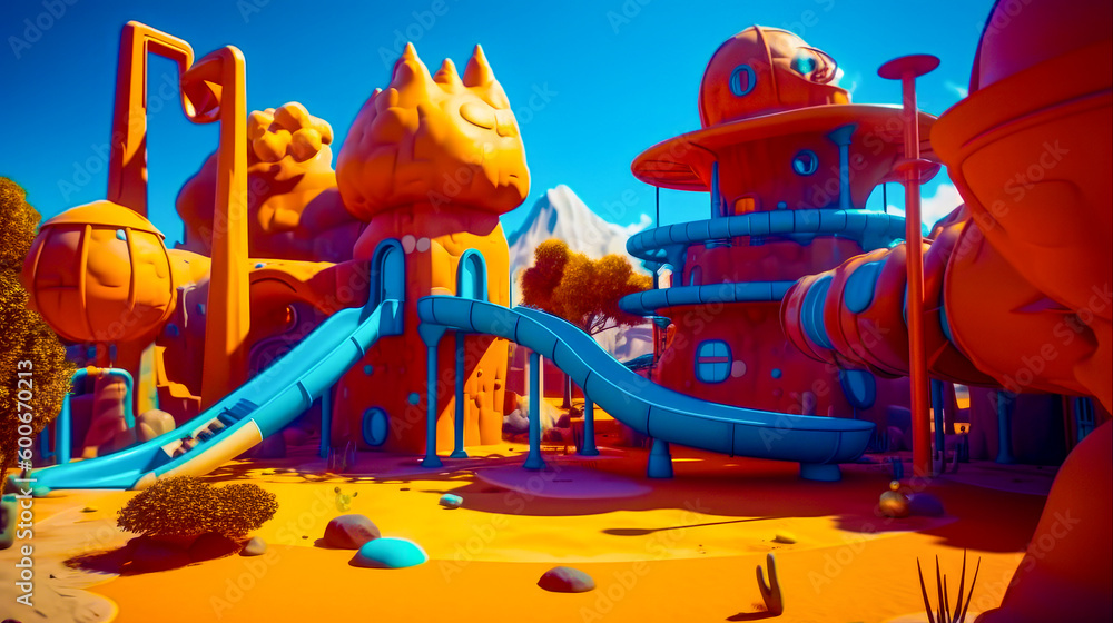 Poster colorful playground with slide in the middle of the ground and mountains in the background. generati