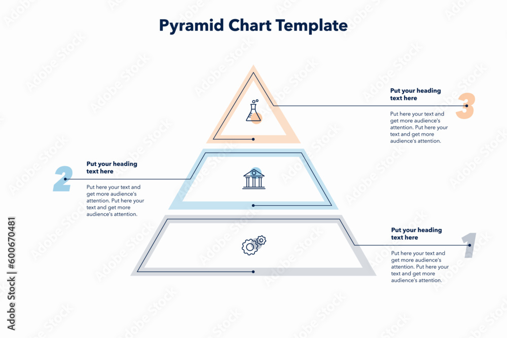 Poster Pyramid chart template with three colorful steps. Creative diagram divided into three steps with minimalistic icons.