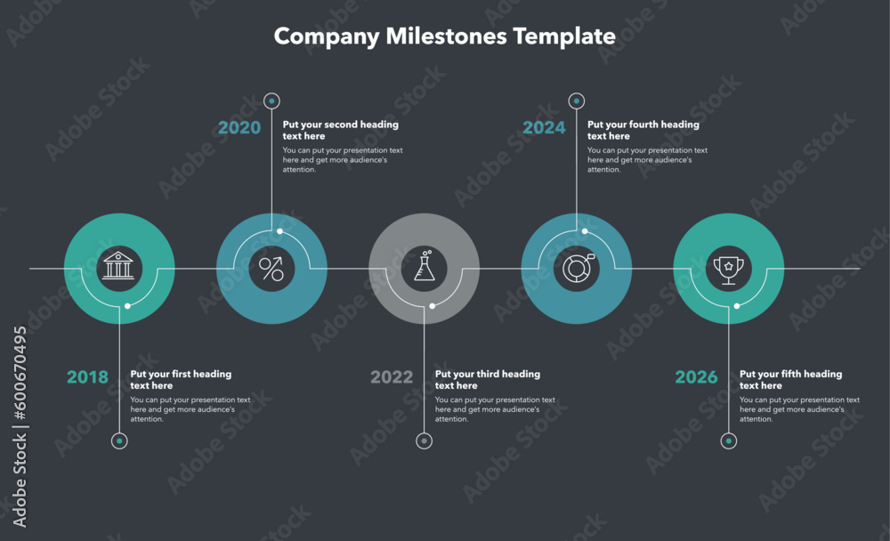 Poster Company milestones with five colorful stages - dark version. Simple flat template for data visualization.