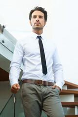 Corporate, businessman with professional outfit on stairs. Business office worker or accountant,...