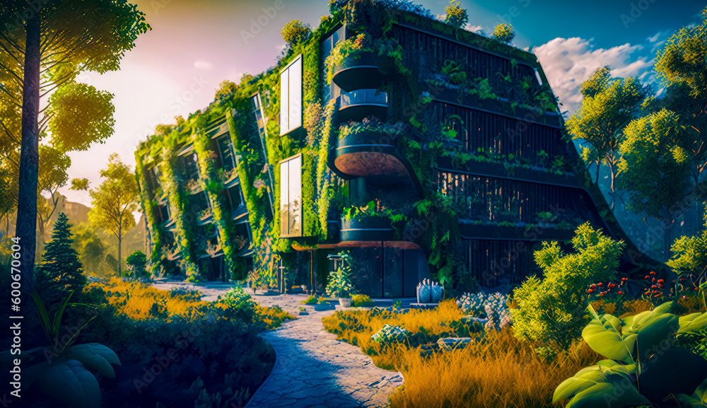 Poster building that has lot of plants growing on the side of it. generative ai.