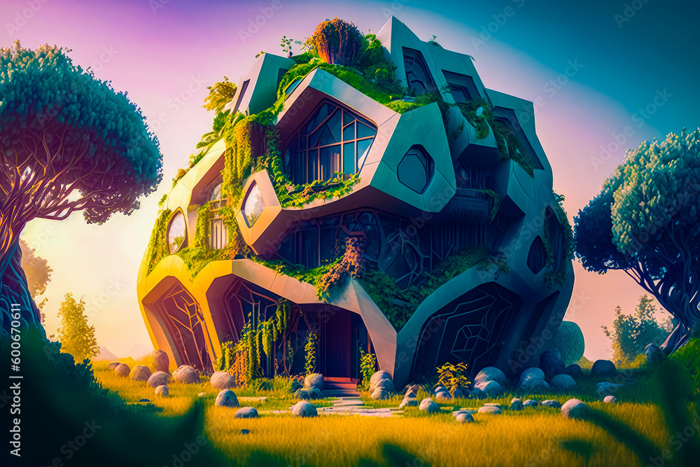 Aufkleber futuristic building with plants growing on it's side in the middle of field. generative ai.
